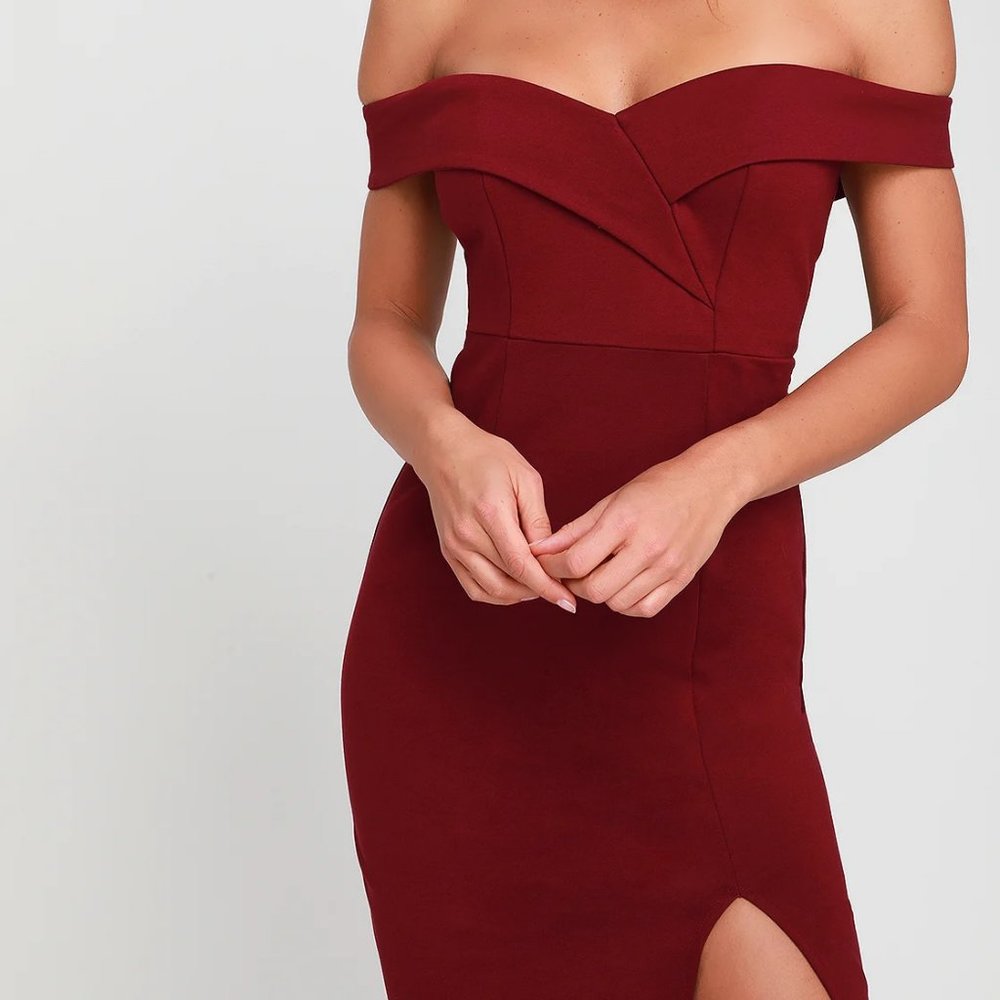 Lulus Classic Glam Red Off-the-Shoulder Bodycon Dress Women’s Burgundy Size S